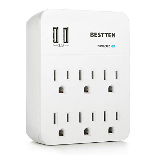 BESTTEN Wall Outlet Surge Protector with Dual USB Charging Ports (5V/2.4A) and 6 AC Outlets, 900 Joules, 15A/125V/1875W, ETL Listed, White