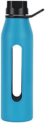 iRSE Water Bottle Glass with protective silicone case for daily use, walking gym running workout hiking large size leak proof easy open BPA Free Active Sports keep drink cool cold 20 oz (Light Blue)