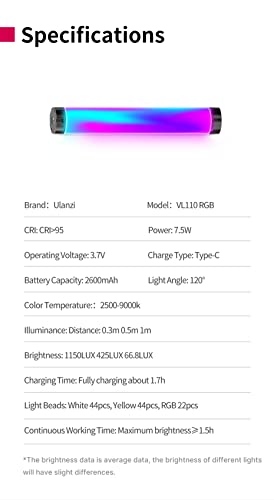 ULANZI VL110 RGB Light Stick, Portable Camera LED Video Tube Light, 2500-9000K Dimmable, 2600mAh Battery, Magnetic Attraction for Photography, TikTok