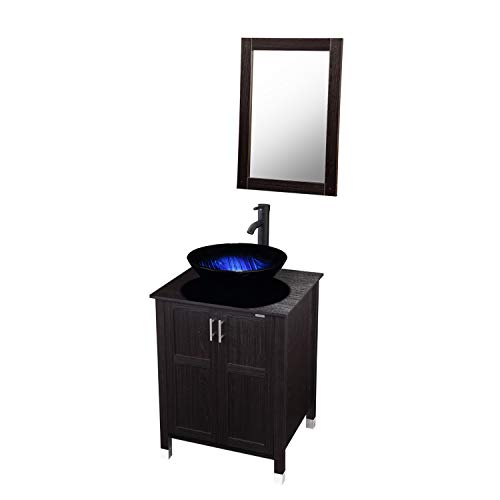 Modern Bathroom Vanity And Sink Combo Stand Cabinet with Vanity Mirror,Single MDF Cabinet with Blue Glass Vessel Sink Round Bowl