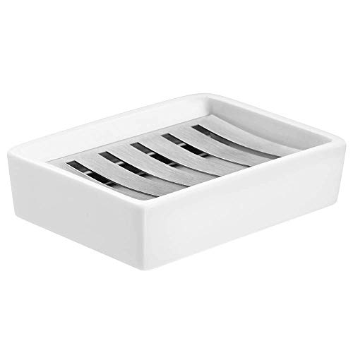 Slideep Ceramic Soap Dish Holder, Stainless Steel Soap Bar for Bathroom and Shower, Double Layer Draining Soap Box