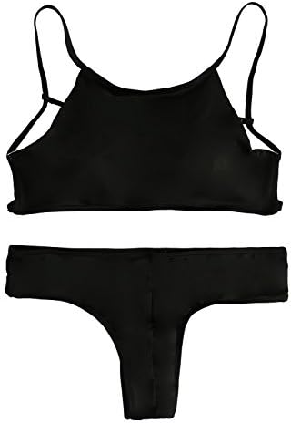 Coauan Women Halter Tankini Alluring Solid Color Spaghetti Strap High Neck Bikini Swimsuit Beachwear (M, Black)