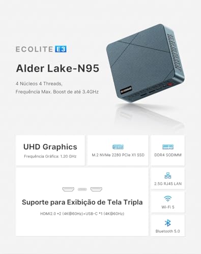BOSGAME Mini PC E3 Neo, Intel Alder Lake N95 (Até 3.4GHz), 16GB RAM DDR4, 512GB SSD NVMe, Windows 11 Pro, LAN 2.5G, 3 Monitores 4K, WiFi 5, Computador Desktop para Home Office e Estudos