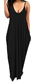 Bigyonger Women 's Loose Low V Neckline Spaghetti Straps Maxi Dress Beach Wear,Black,X-Large