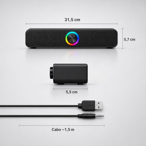 Caixa de Som Soundbar para Computador Notebook e TV com LED RGB, Conexão USB e P2 3,5mm, Bluetooth, Estéreo 6W, Drivers de Alumínio, Plug and Play