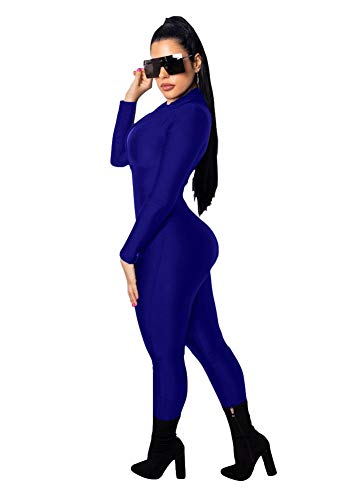 Women's Sexy Fashion Casual Slim Solid Color V Long Sleeve Nightclub Jumpsuits Autumn Bandage Romper Catsuit Party Clubwear,Blue,M