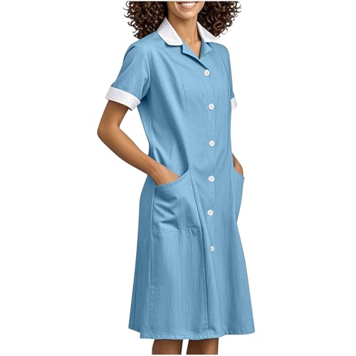 Womens Housekeeping Maid Uniform Dress Button Down