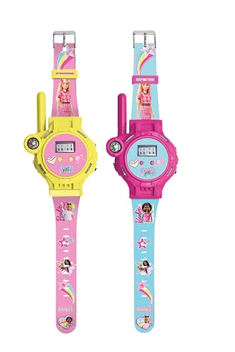 Lexibook, Barbie Walkie-Talkie Horloges, 2 stuks, bereik tot 200m, zaklamp, kompas, oplaadbaar, Roze/geel en Roze/blauw, DMWTW1BB