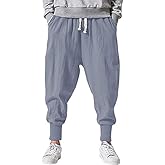 Mens Linen Harem Pants Lightweight Drawstring Elastic Waist Baggy Joggers Casual Cargo Sweatpants Pant