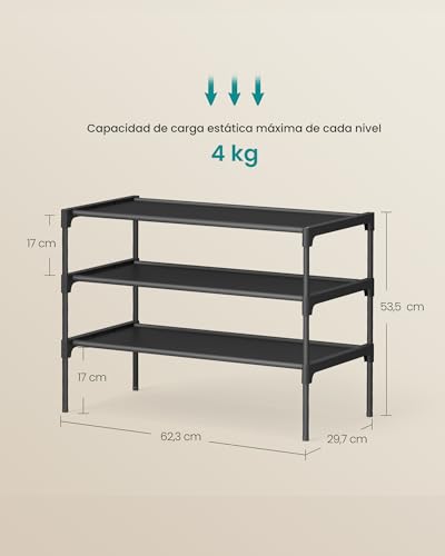 SONGMICS Zapatero de 3 Niveles, Almacenamiento de Calzado, Estantería de Zapatos, 29.7 x 62.3 x 53.5 cm, Negro Tinta MLSH023BH01