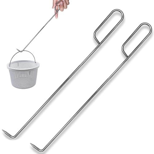 Pool Skimmer Basket Hook Tool, Stainless Steel Pool Skimmer Hook Extended Knee Protection Skimmer Basket Handle for Cleaning Swimming Pool Debris Skimmer Hook (2pcs)