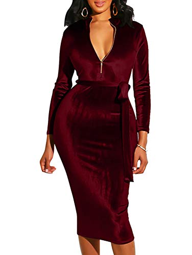 BEAGIMEG Women's Long Sleeve V Neck Velvet Party Club Pencil Dress with Belt Wine Red