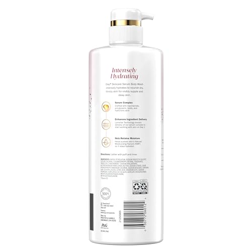 OLAY BODY WASH FOR WOMEN, INTENSELY HYDRATING, HYALURONIC ACID SERUM COMPLEX, RENEWS MOISTURE, FREE OF PARABENS & PHTHALATES, VITAMIN B3 LAMELLER TECHNOLOGY, FOR ALL SKIN TYPES, 26 FL OZ