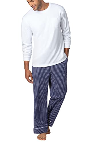 PajamaGram Men Pajamas Sets - Cozy 100% Cotton Pajamas for Men, 100% Cotton Pajamas for Men, Long Sleeve Pajama Set for Men - Pijamas Para Hombres, Navy Stripe, XL