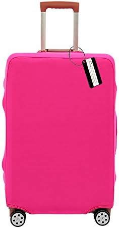 Travel Luggage Cover Spandex Suitcase Cover Protector Bag Fits 18-32 Inch & Luggage Tag Holder (S(18-21 inch luggage), Pink)
