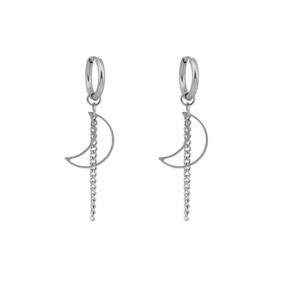 Crescent Moon Tassel Chain Dangle Drop Huggie Hoop Earrings for Women Girls Men 316 Surgical Stainless Steel Cool Dangling Minimalist Small Hoop Cartilage Fashion Unique BTS Fans Jewelry Gift Birthday