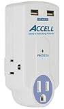 Accell 3-Outlet Travel Surge Protector with 2x USB Charging Ports and Folding Plug - White, 612 Joules, 2.1A USB Output, ETL Listed