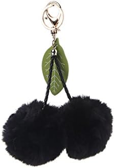Kansea Rabbit Fur Key Chain Bag Charm Fluffy Puff Ball Cherry Ring Car Pendant