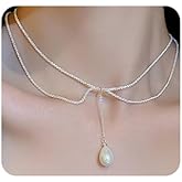 Wiwpar Dainty Silver Rhinestone Pearl Drop Y Necklace Boho Sexy Freshwater Pearl Pendent Choker Necklace Long Delicate Simple Gift for Women