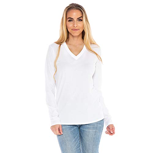 Women's Designer T-Shirt Lightweight Boyfriend Fit Long Sleeve V-Neck Organic Cotton Pre-Shrunk Embroidered Made in USA (White, Medium)