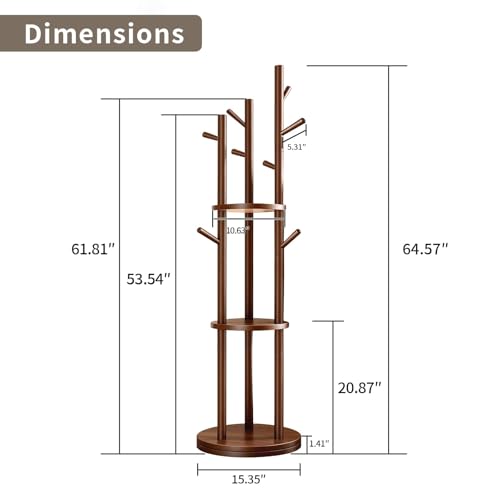 Solid Wood Rotary Coat Rack Freestanding with 3 Storage Shelves & 9 Hooks, Coat Tree for Entryway, Livingroom, Bedroom, Coat Hanger Stand for Coats, Scarves, Handbags, Hat