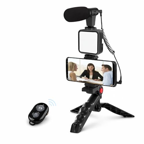 Kit de Gravação Completo com Tripé, Luz LED e Suporte para Celular – Ideal para Vlogs, Lives e Vídeos Profissionais Tripé com Luz LED e Microfone para Celular – Kit Vlogging Profissional Premium