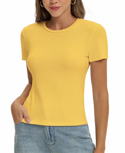 Damen Basic T-Shirt Y2K Slim Fit Oberteile Elegant Stretch Unterziehshirt Einfarbiges Top(Mango Gelb-F1,Xl)