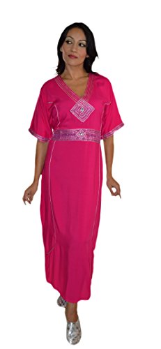 Moroccan Caftan Handmade Light Weight Cotton Embroidery Fits SMALL to MEDIUM Magenta