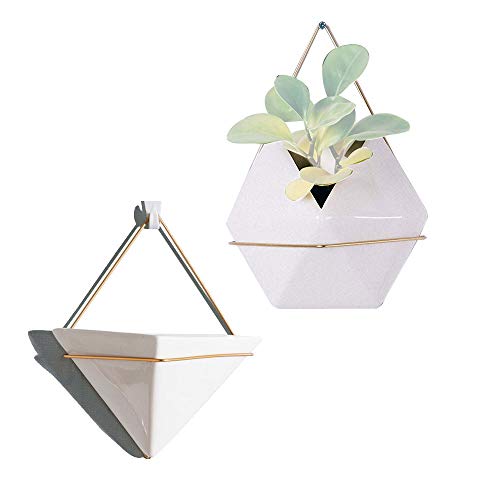 Wall Decor Planters 2 Set White Ceramic Hanging Geometric Wall Decor Container – Great for Succulent Plants, Air Plant, Faux Plants,White