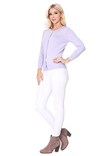 YEMAK Women's 3/4 Sleeve Crewneck Button Down Knit Cardigan Sweater CO079-BYL-L Baby Yellow - Thumbnail 5