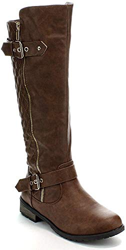 JJF Shoes Mango-21 Women's Winkle Back Shaft Side Zip Knee High Flat Riding Boots Brown 6