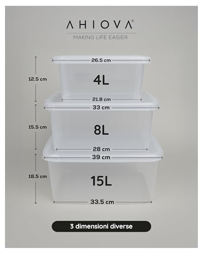 AHIOVA 4L Small Plastic Boxes with Lids Set of 6 Stackable Storage Boxes 100% Transparent Click Pressure 26.5 x 19.5 x 12.5 cm Bathroom Drawers Office BPA Free Made in Europe