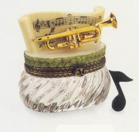Trumpet with Music Note Classic Porcelain Hinged Trinket Box 2.25" x 2.25" x 2.25"
