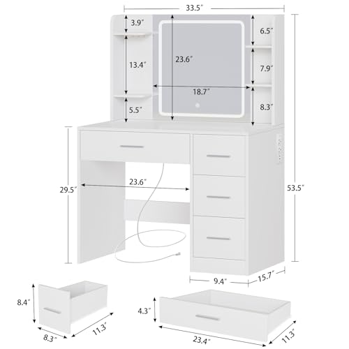 TEENFON Vanity Desk with Large Mirror & Adjustable LED Lights, Makeup Vanity with Power Strip & 5 Jewel Hooks, Dressing Table with 4 Drawers & 6 Open Shelves for Bedroom, White