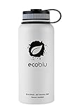 LOGO MAY SMEAR - Ecoblu 32oz Summer Wide Mouth Stainless Steel Water Flask - White - Double Walled BPA Free Hydro Insulated Large Water Bottle for Hot and Cold Liquids - Perfect for Men and Women
