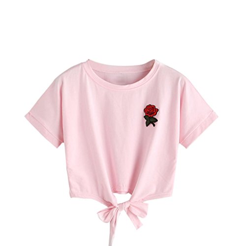Snowfoller Women Short Sleeve Tee Fashion Rose Appliques Knot Decor Crop Tops Casual T Shirt Vest Tops Blouse (S, Pink) - Thumbnail 6