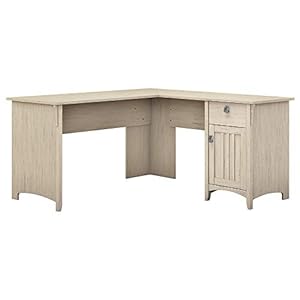 Bush Furniture Salinas L Shaped Desk with Storage in Antique White & Salinas 5 Shelf Bookcase in Antique White