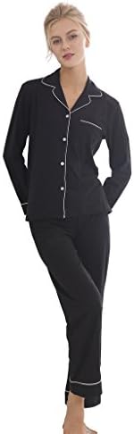 JUSOE Women's Cotton Pajama Set Sleepwear Pajamas Night Shirt with PJ Pants, Black, Medium, 8-10