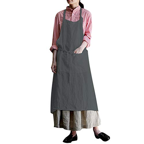 WoCoo Soft Cotton Linen Apron Halter Bandage Aprons Kitchen Cooking Clothes with Front Large Size Pockets Dress(Grey,X-Small(US-2)