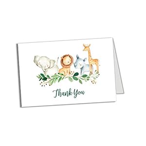 25 Boxed Safari Thank You Cards With Envelopes (Thick Card Stock) Baby Shower, Jungle Greenery Large Size 4×6 Zoo Animal…
