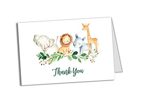 25 Boxed Safari Thank You Cards With Envelopes (Thick Card Stock) Baby Shower, Jungle Greenery Large Size 4×6 Zoo Animal…