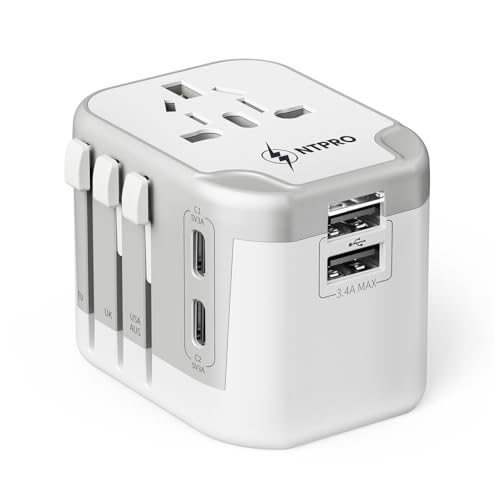 NTPRO Universal Travel Adapter-10A International Travel Adapter with 2 USB-C, 2 USB-A Ports (5-in-1), 5V-3.4A Fast Charging, Worldwide Plug Adapter for USA EU UK AUS, 2400W Max, Covers 200+ Countries