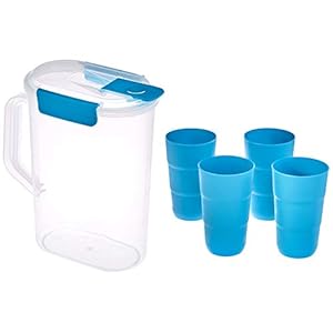 Amazon Brand – Solimo Pitcher with Tumbler Set, Set of 5, Blue