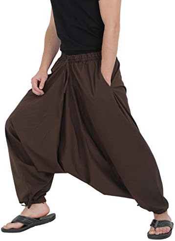 Mens Womens Boho Hippie Baggy Wide Leg Cotton Harem Pants - Elastic Drawstring Waist - 2 Pockets - Bottom Knot Design