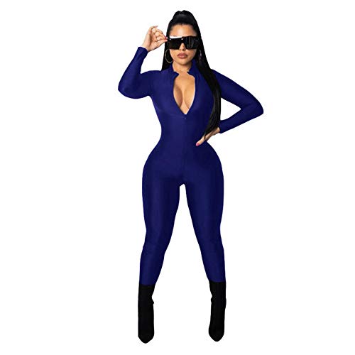 Women's Sexy Fashion Casual Slim Solid Color V Long Sleeve Nightclub Jumpsuits Autumn Bandage Romper Catsuit Party Clubwear,Blue,M - Thumbnail 3