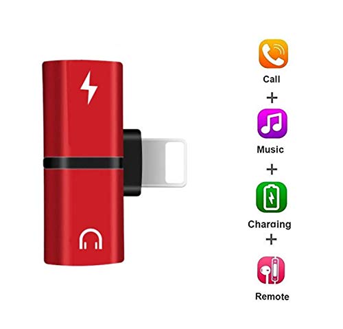 Jaorty Dual Jack 2 in 1 Compatible Splitter Phone Charger and Headset Adapter for iPhone 7/7 Plus, iPhone 8/8 Plus,iPhone X,iPhone Xs,iPhone XR, iPhone Xs Max,Dual 8 Pin Headphone Jack,Red