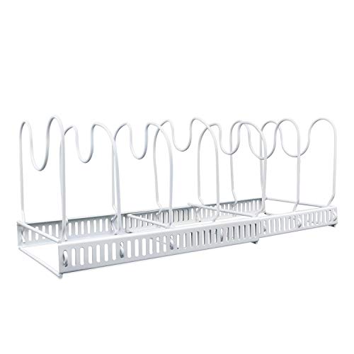 KINDEN Expandable Pots and Pans Organizer Rack - Holds 7 Pans & Lids to Keep Cupboards Tidy - Adjustable Bakeware Rack for Kitchen and Pantry