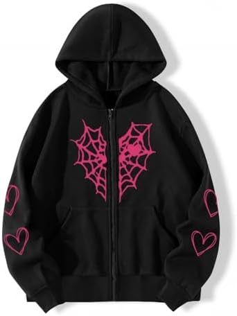 Women's Halloween Zip Up Hoodie Funny Spider Net Graphic Y2K