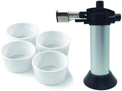 A-ONE KITCHEN TOOL Silver Mini Kitchen Creme Brûlée Cooking Blow Torch Burner with 4-Piece White Round Ramekins
