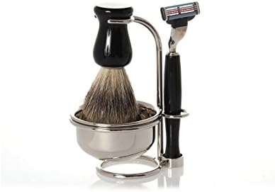Erbe Shaving Set, Gillette Mach3 Razor, Shaving Brush, Soap Bowl, Stand, black